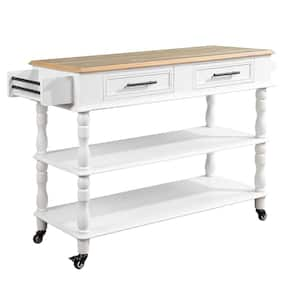 Classic Rolling White Solid Oak Wood Tabletop 57 in. Kitchen Island with Drawers and Wheels