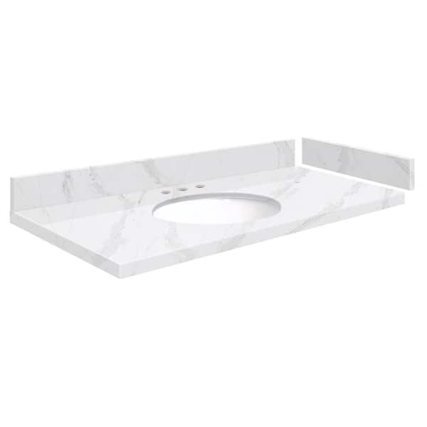 Transolid Silestone 43 in. W x 22.25 in. D Quartz White Round Single Sink Vanity Top in Calacatta Gold