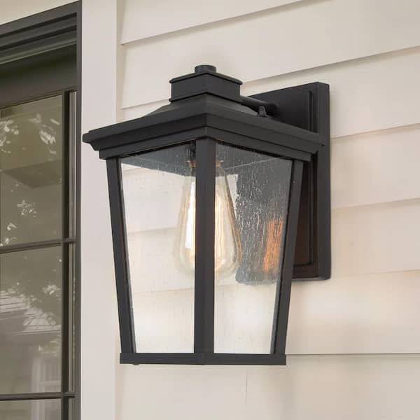 Transitional 1-Light 11 in. Black Wall Lantern Sconce with Seeded Glass Shade Modern Outdoor Wall Light LED Compatible