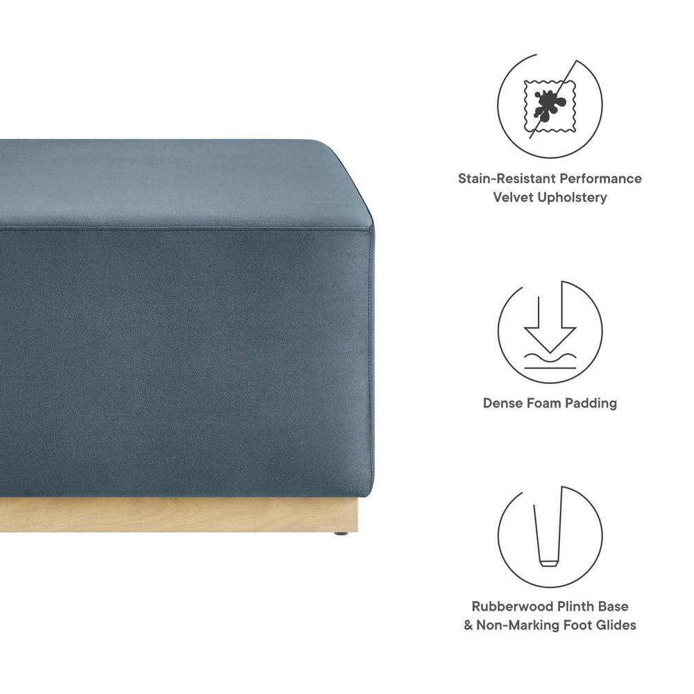 Cadet Blue Velvet Upholstered Square Ottoman with Rubberwood Base