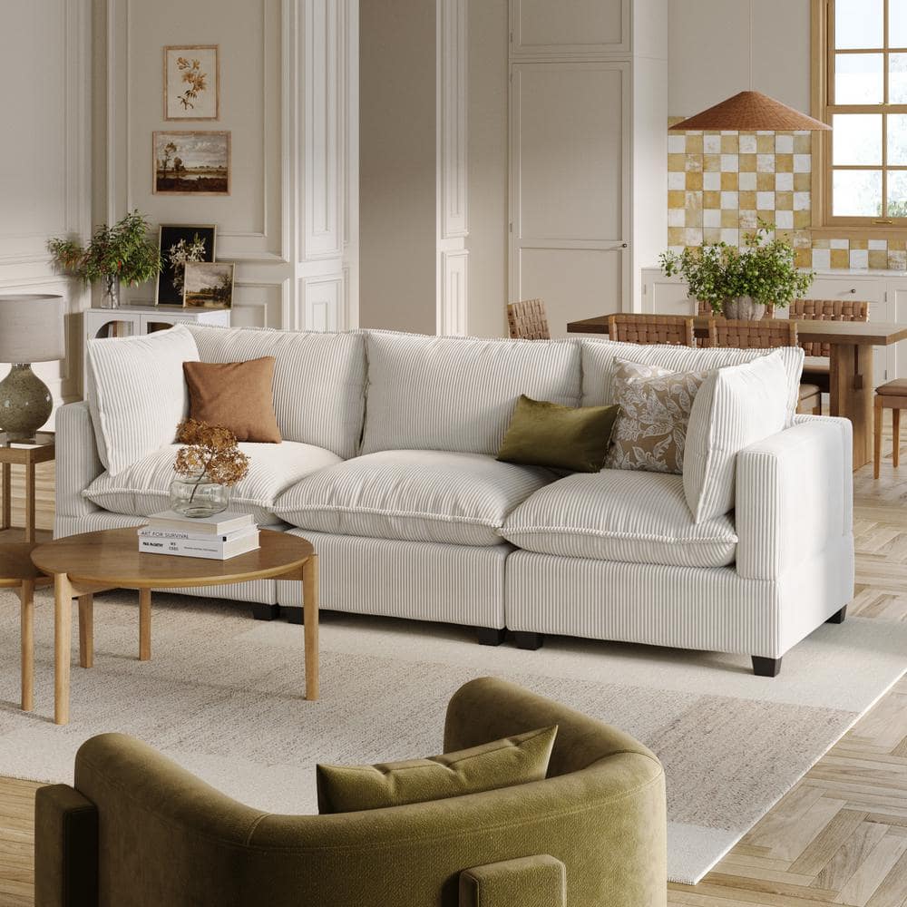 Chelsea White Linen Fabric 111" 3-Seater Sofa with Ottoman