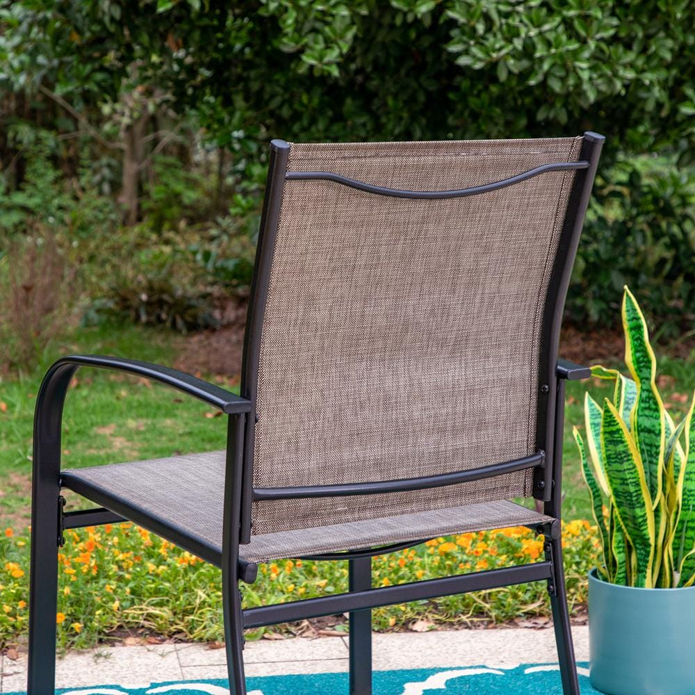 Black Steel Outdoor Dining Armchair with Brown Cushions