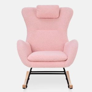 Pink Teddy Upholstered Rocker Glider Chair with High Backrest, Adjustable Headrest and Pocket
