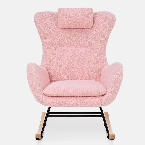 Pink Teddy Upholstered Rocker Glider Chair with High Backrest, Adjustable Headrest and Pocket