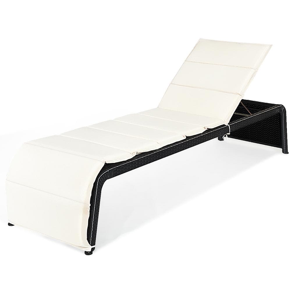 Adjustable Black Rattan Outdoor Chaise Lounge with White Cushions