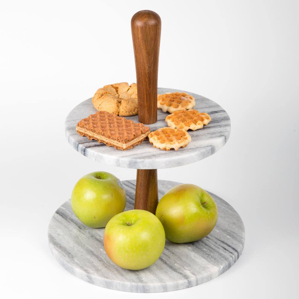 Gray Marble and Acacia Wood 2-Tier Round Cake Stand
