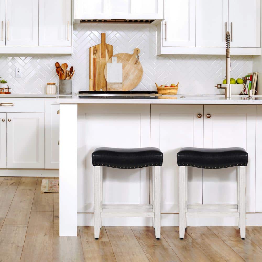 24" Black Leather & Wood Saddle Style Backless Barstool