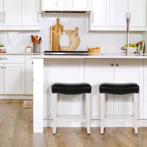 Jameson 24 in. Counter Height Antique White Wood Backless Barstool with Black Faux Leather Saddle Seat (Set of 2)
