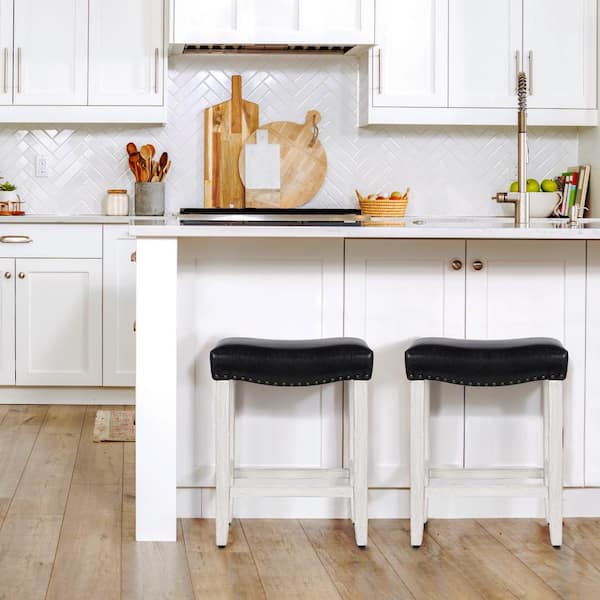 Jameson 24 in. Counter Height Antique White Wood Backless Barstool with Black Faux Leather Saddle Seat (Set of 2)