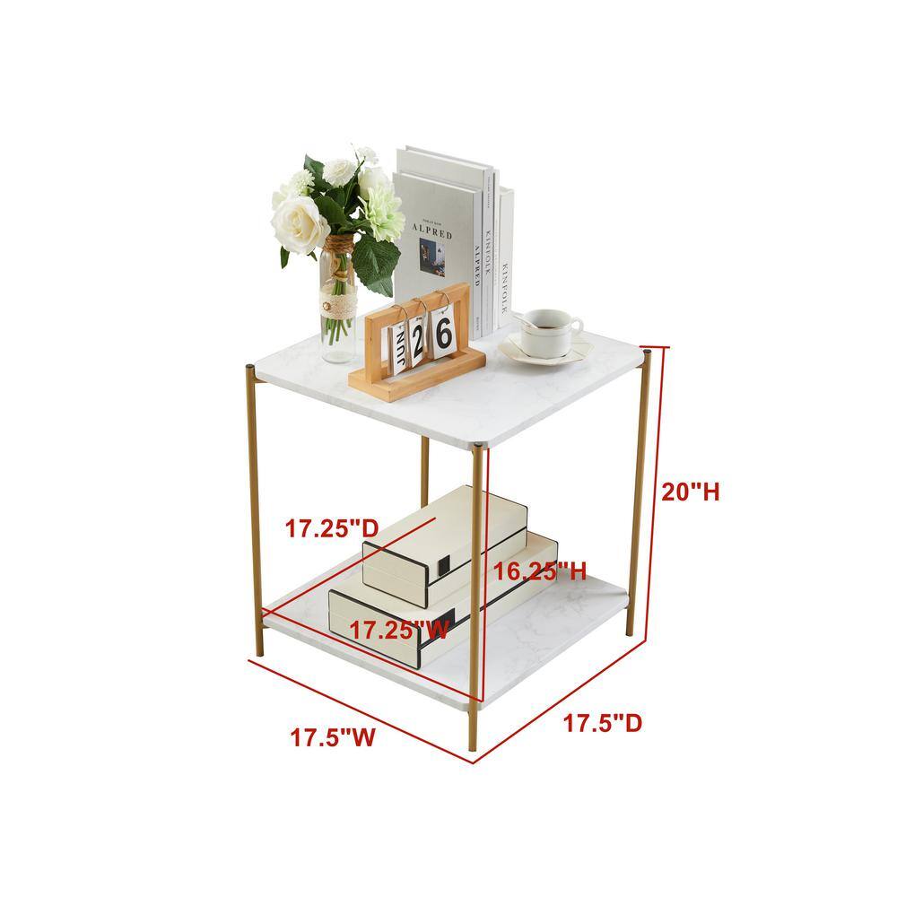 Gold and White Faux Marble Square End Table with Shelf