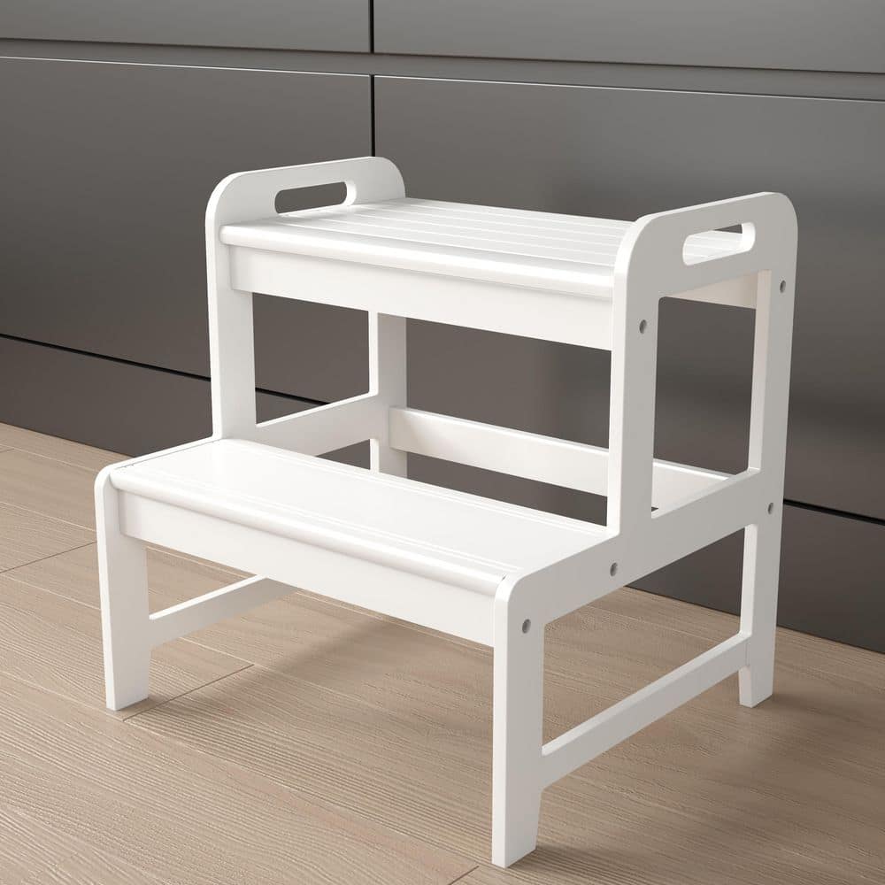 17.13 in. White Kids Step Stool, Kitchen Toddler Helper, 2-Step Bamboo with Safety Handles