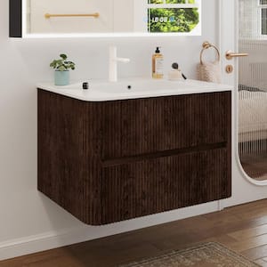 30 in. W Floating Bathroom Vanity in Brown Walnut with White Ceramic Top