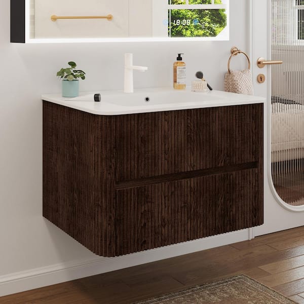 30 in. W Floating Bathroom Vanity in Brown Walnut with White Ceramic Top