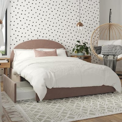 Moon Blush Velvet Upholstered Queen Size Bed with Storage