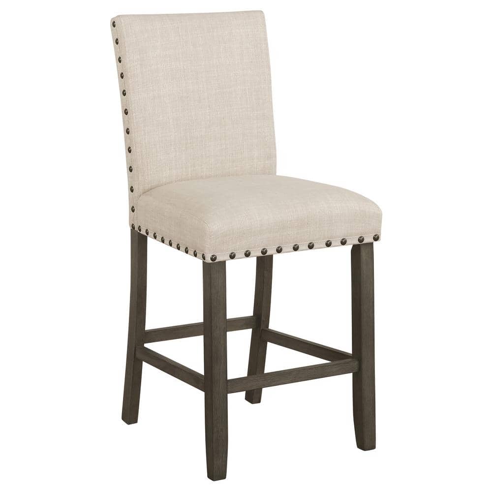 Beige Upholstered Counter Stools with Nailhead Trim, Set of 2