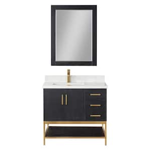 Wildy 36 in. W x 22 in. D x 34 in. H Single Sink Bath Vanity in Black Oak with White Composite Stone Top and Mirror