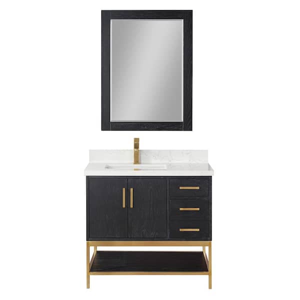 Altair Wildy 36 in. W x 22 in. D x 34 in. H Single Sink Bath Vanity in Black Oak with White Composite Stone Top and Mirror