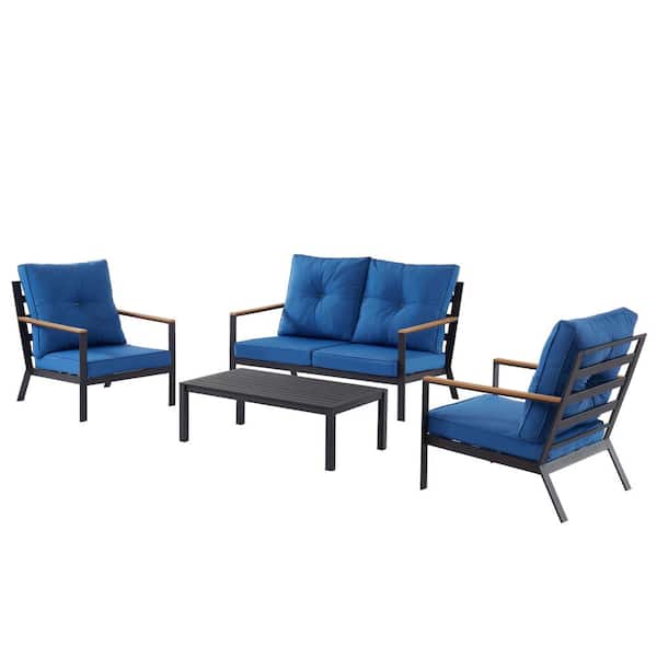 EDYO LIVING 4-Piece Metal Patio Conversation Set with Blue Cushions