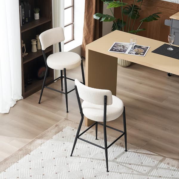 Noble House Rells 24.8 in. H Beige Full Back Metal Modern Upholstered Bar Stools, Teddy Fabric, (Set of 2)