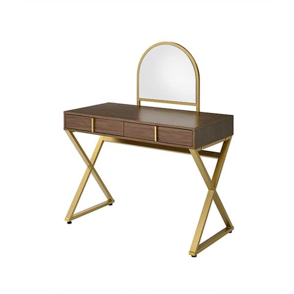 Acme Furniture Coleen Walnut and Gold Vanity Table with Mirror and ...