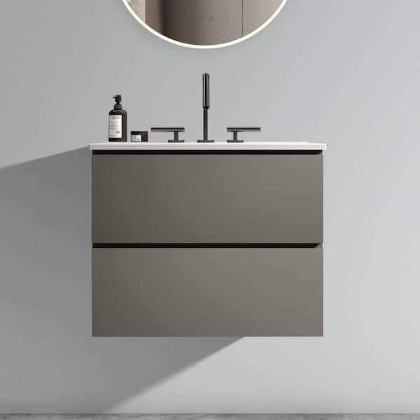 Ziyudura 24 in. Single Sink Floating Gray Bath Vanity with White Ceramic Top (Assembled), 3 Predrilled Faucet Holes