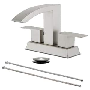 4 in. Centerset Double Handle Waterfall Spout Bathroom Faucet with Pop Up Drain Kit in Brushed Nickel