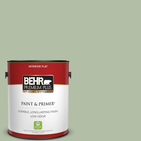 BEHR PREMIUM PLUS 1 gal. #S390-3 Creamy Spinach Flat Low Odor Interior Paint & Primer