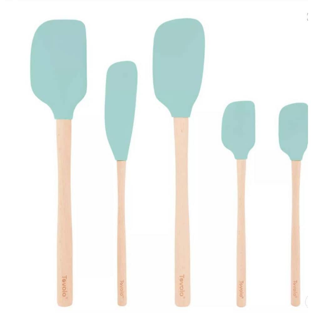Light Aqua Silicone and Wood Handle Spatula Set of 5