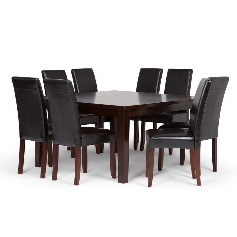 Simpli Home Acadian Transitional 9-Piece Dining Set with 8 Upholstered Parson Chair in Midnight Black Faux Leather and 54 in.W Table -  AXCDS9-ACA-BL