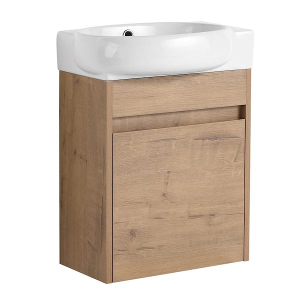 16 in. x 8.58 in. Wall-Mounted Natural Oak Bath Vanity with White Round Ceramic Sink Top, Soft-Close Door (Unassembled)