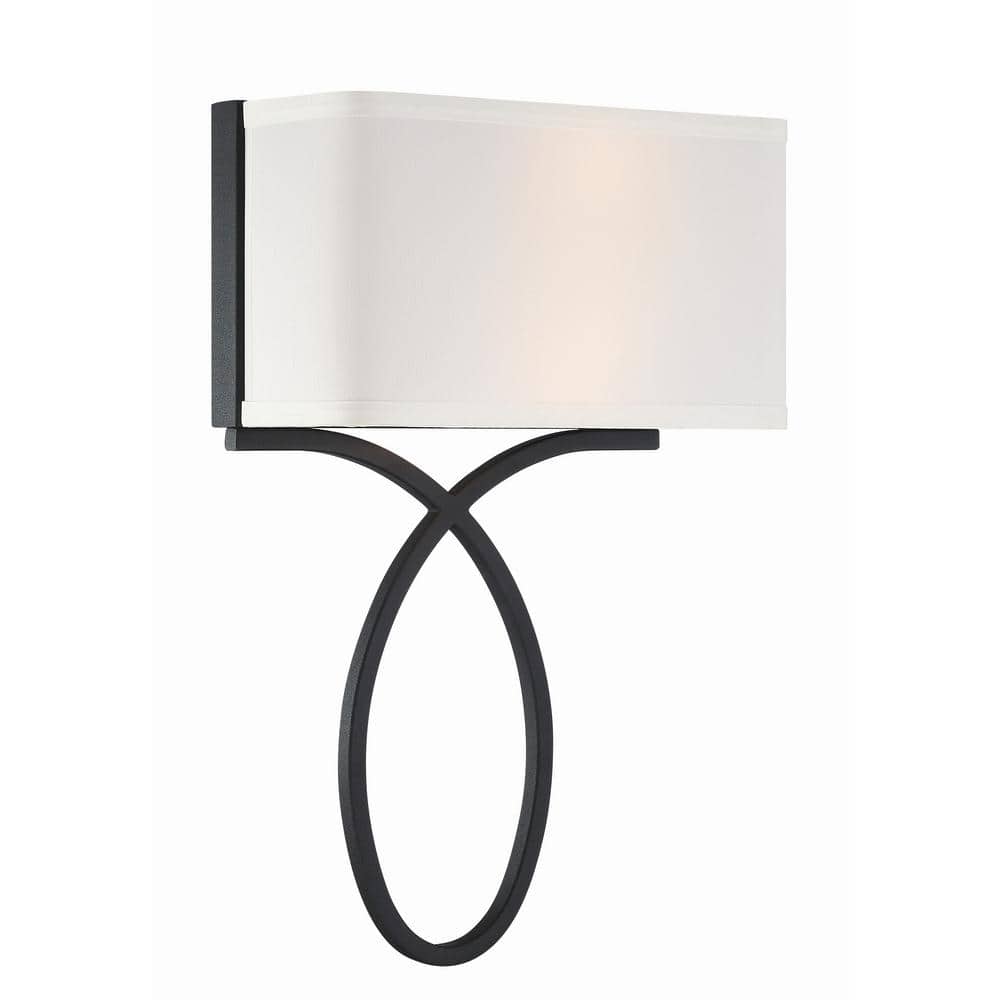 Black Forged 2-Light Wall Sconce with White Silk Shade