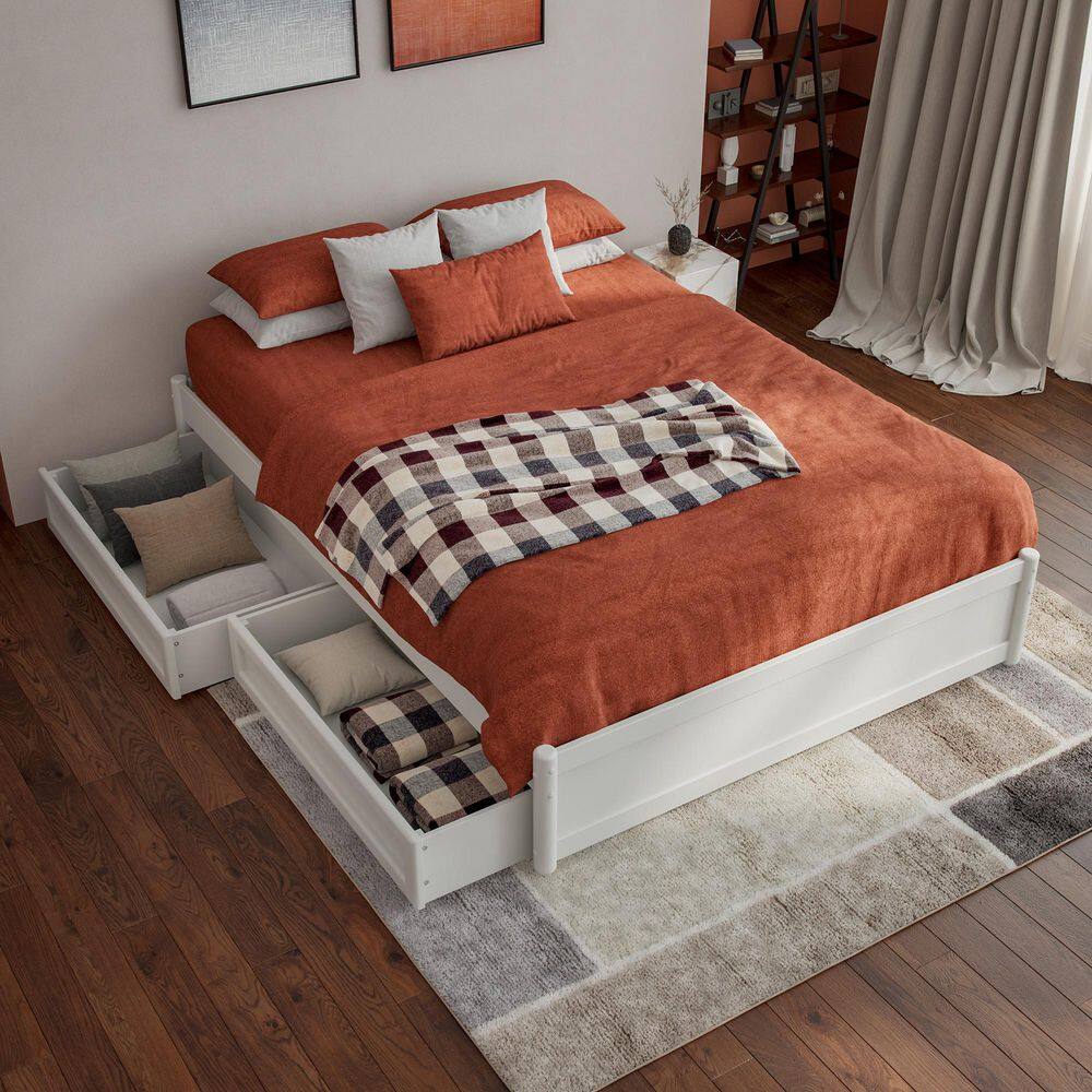 Barcelona White Full Wood Panel Platform Bed with Storage Drawers