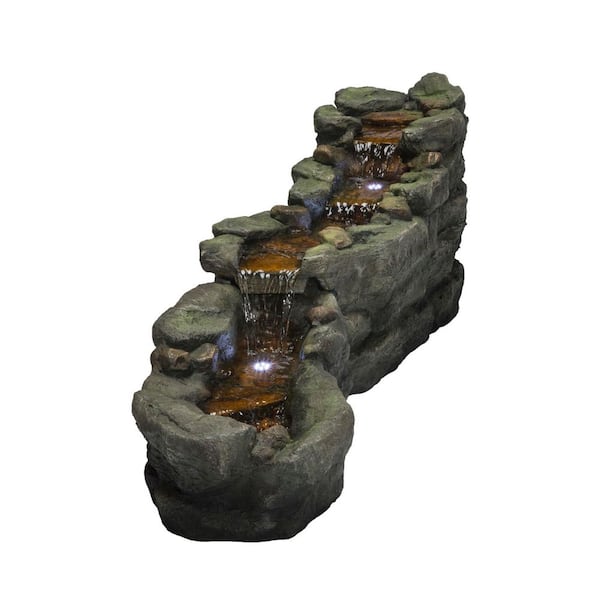 20 in. Tall Outdoor Rocky River Rapids Water Fountain with LED Lights, Brown