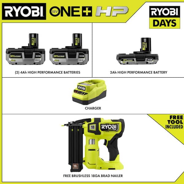 ONE+ 18V HIGH PERFORMANCE Kit w/ (2) 4.0 Ah Batteries, 2.0 Ah Battery, Charger, & FREE ONE+ HP Brushless Brad Nailer