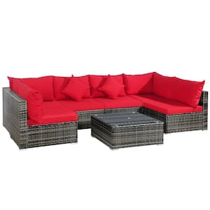Wicker Outdoor PE Patio Sectional Sofa Conversation Set with Red Cushions (7-Pack)