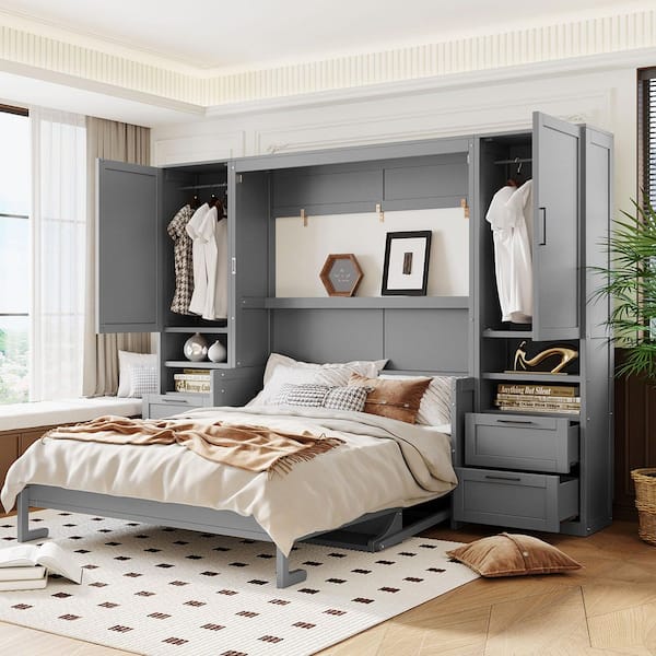 Gray Wood Frame Queen Size Murphy Bed with Closet, Drawers and Shelves