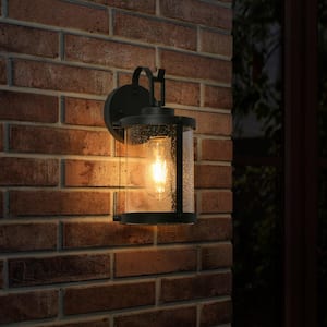 Modern Black Outdoor Wall Light, 12 in. 1-Light Cylinder Outdoor Wall Lantern Sconce with Seeded Glass Shade