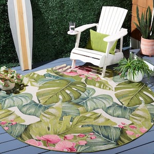 Barbados Green/Pink 7 ft. x 7 ft. Round Tropical Floral Indoor/Outdoor Area Rug