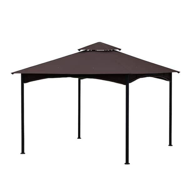 Unbranded 11 ft. x 11 ft. Brown Outdoor Patio Steel Gazebo Canopy with Double Roof