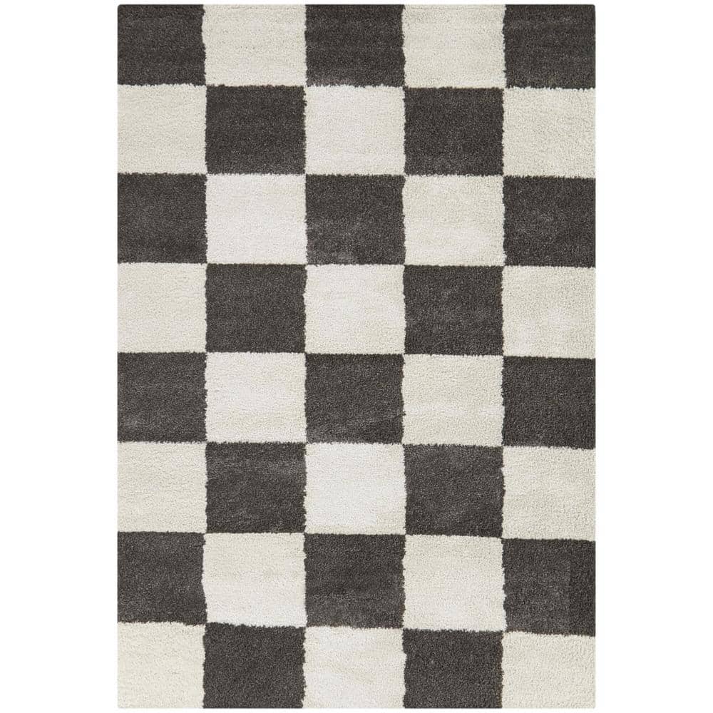 Reinhart Dark Gray and White Checkered Synthetic Area Rug