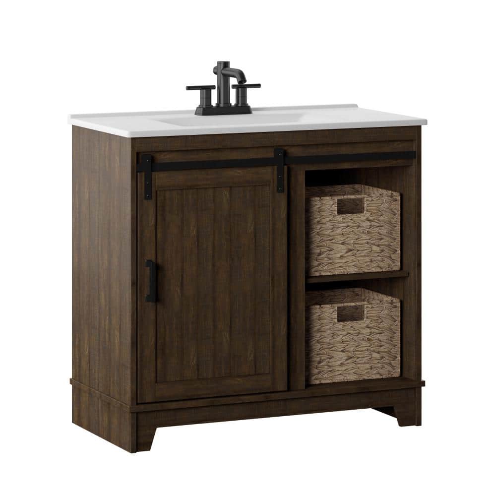 Twin Star Home 36 in. W x 18.13 in. D x 34 in. H Single Bath Vanity in Saw Cut Espresso with White China Sliding Barn Door