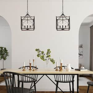 Farmhouse Black Candlestick 4-Light Chandelier Faux Wood Gain Square Cage Pendant Chandelier