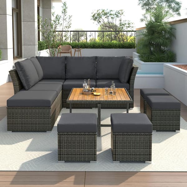 OLUMAT 10-Piece Wicker Conversation Set with Gray Cushions and Solid Wood Coffee TableTrays