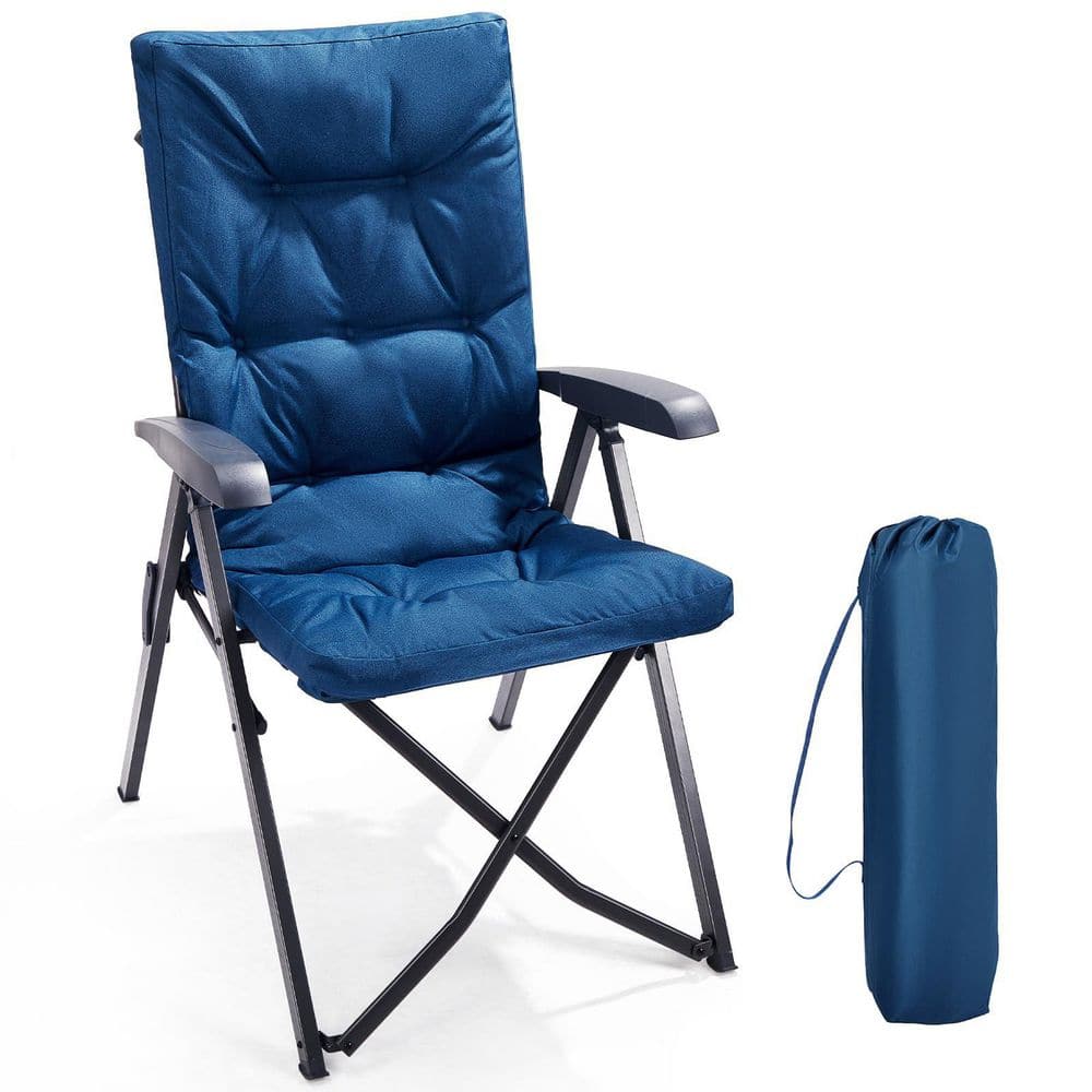 Blue Folding Camping Recliner Chair Fully Padded Alloy Steel Frame