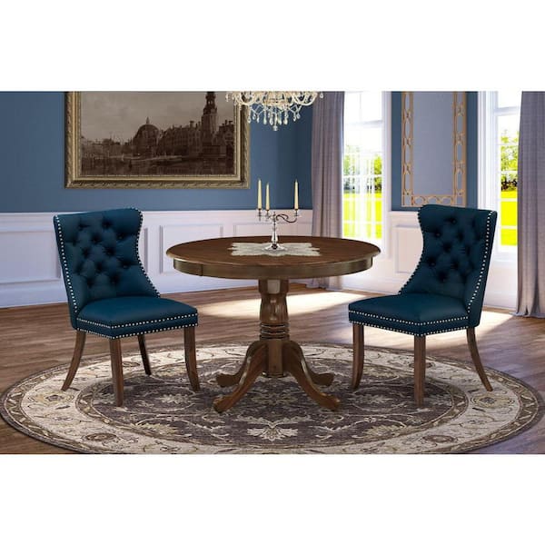 3-Piece Antique Walnut Finish Solid Wood Top - Round Upholstered Dining Room Set - Seats-4