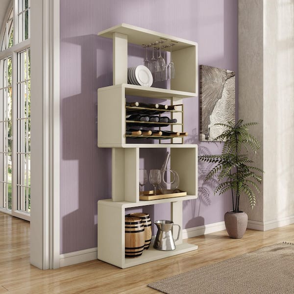 Furniture of America Ena 66.3 in. 18-Bottle Cream Weave and Brass Wine Rack with Stemware Holders and Removable Rack