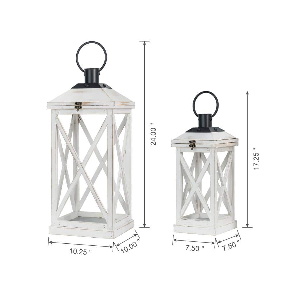 Set of 2 White Wooden Tabletop Candle Lanterns with Metal Top
