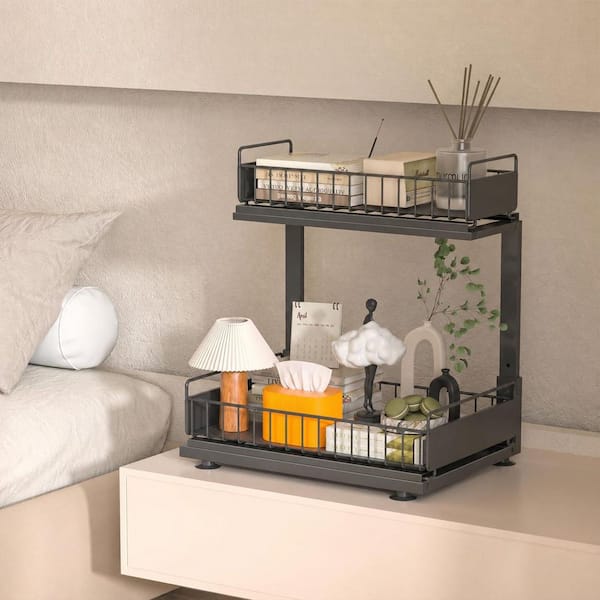 2-Tier Pull Out Under Sink Organizer with Sliding Metal Drawer for Kitchen Bathroom Pantry Cabinet, Black