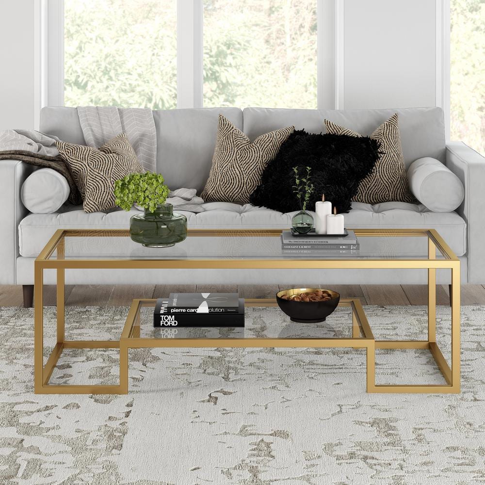 Athena 54" Brass and Glass Rectangular Coffee Table