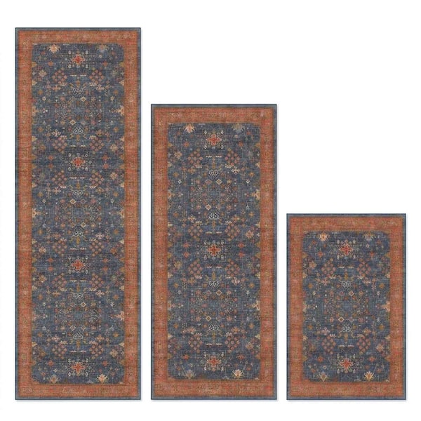 Blue Terracotta 59 in. x 20 in. Indoor Non Slip Washable Kitchen Rugs and Mats Set of 3